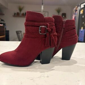 TOP Moda Red Ankle Booties with Silver Buckle